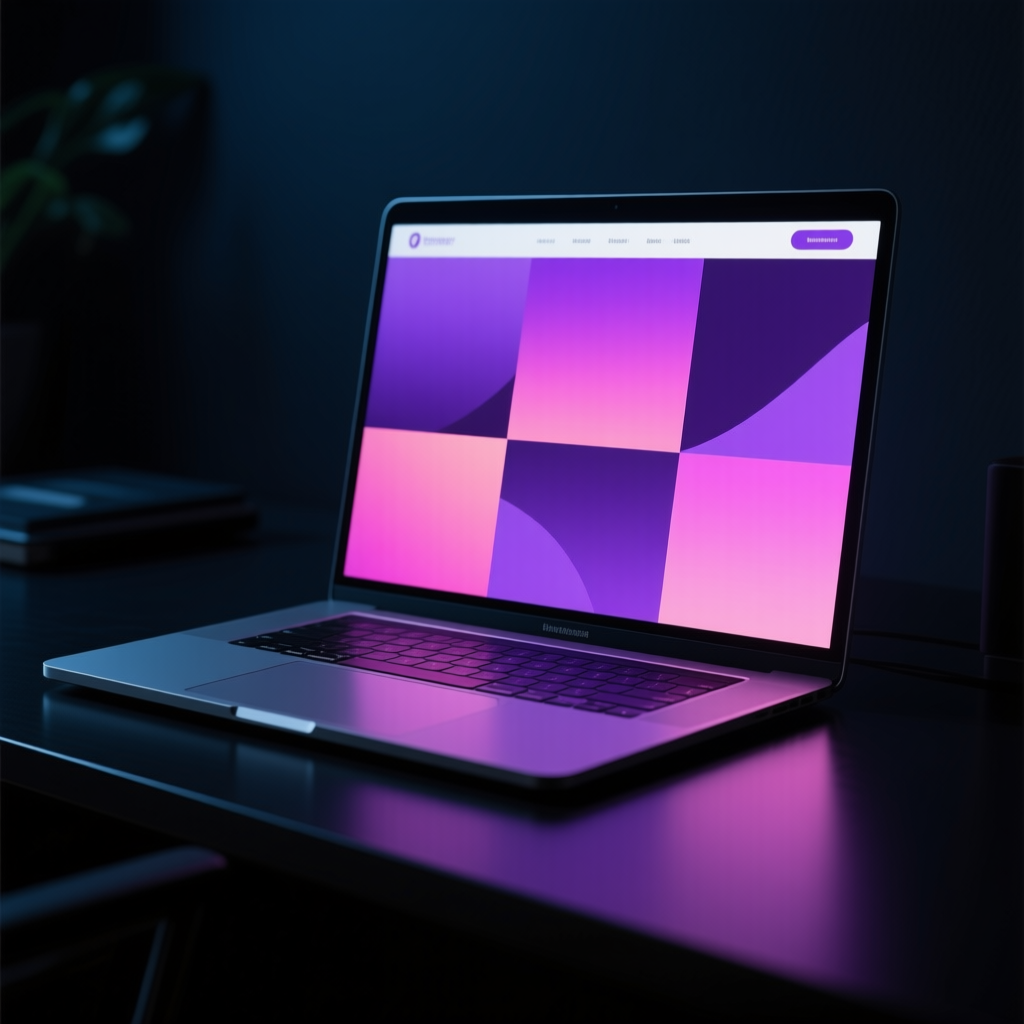 A laptop displaying a glowing abstract website design