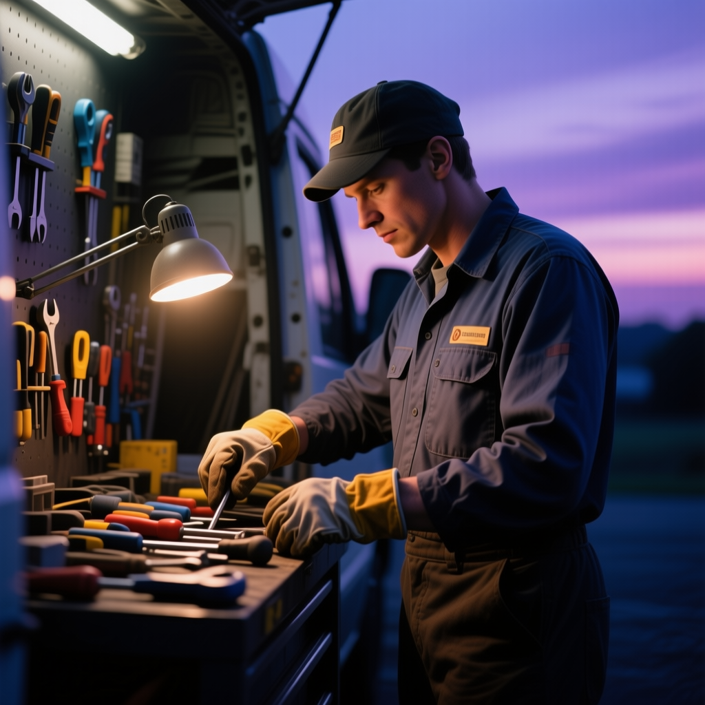 A tradesperson organizing tools by a work van at dusk