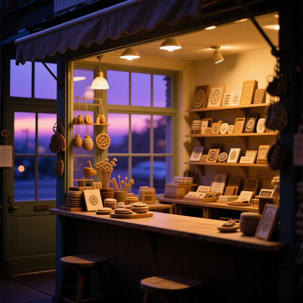 A warmly lit artisan shop counter at dusk