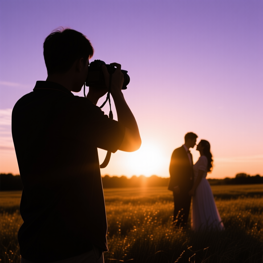 A photographer silhouetted at golden hour